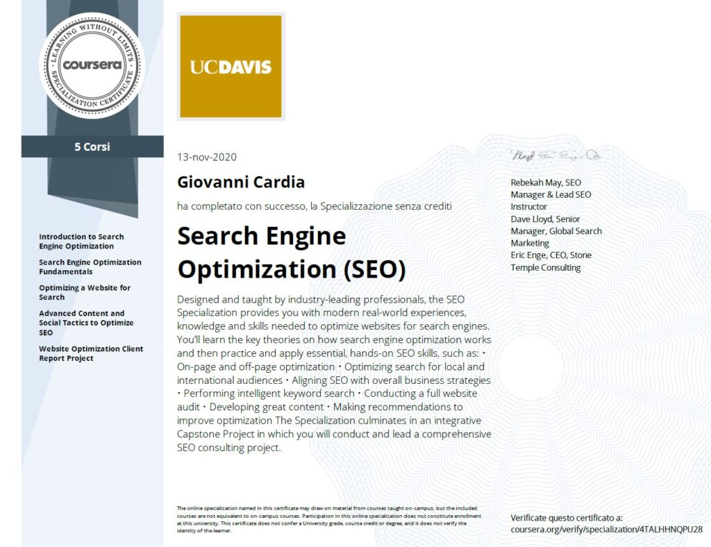 Consulente specializzato SEO search engine optimization Cagliari Giovanni Cardia